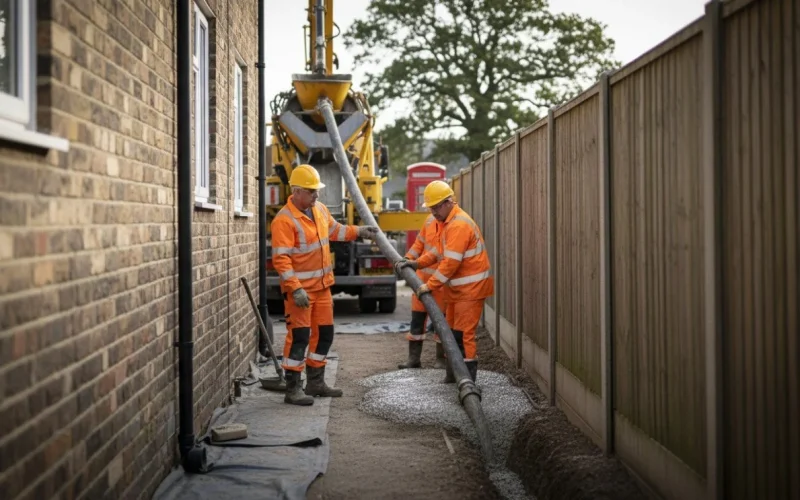 Concrete pump hose reaching restricted access backyard UK site